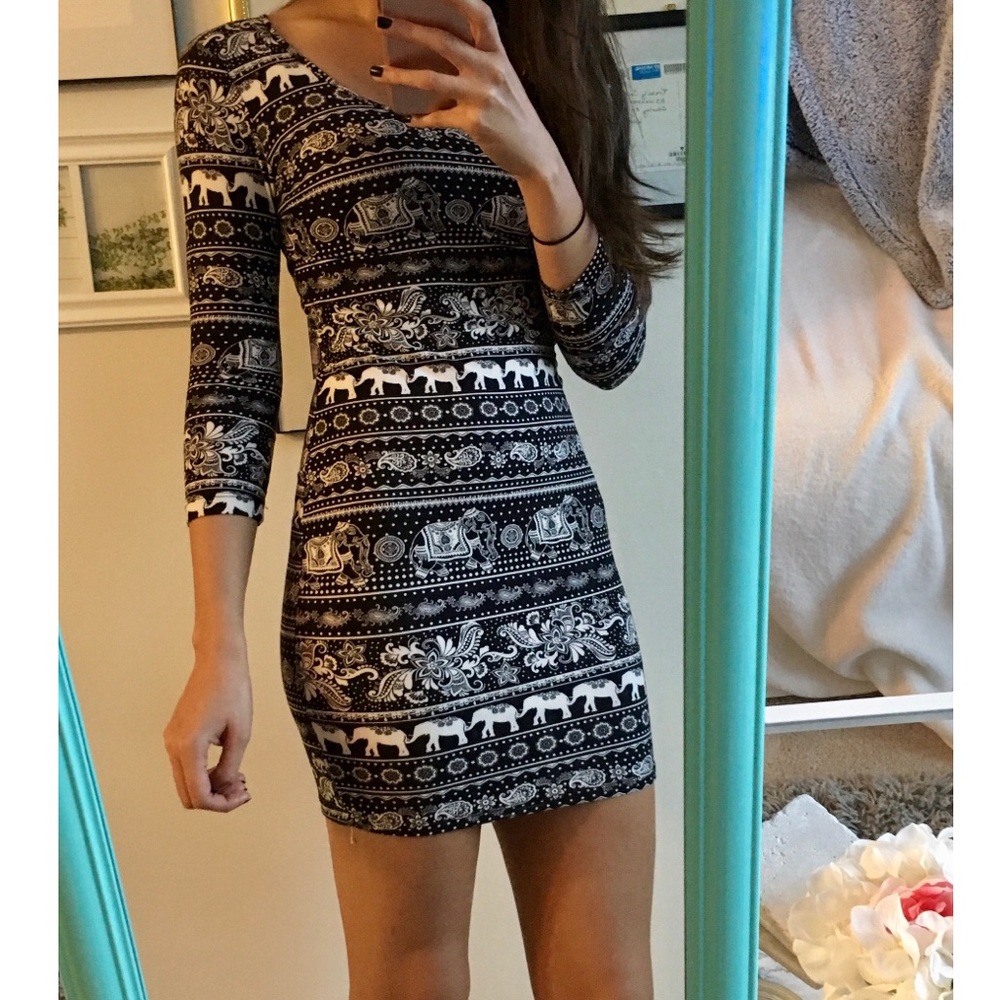 ¾ Sleeve Printed Bodycon Dress